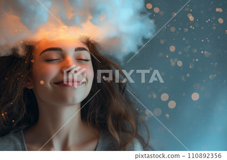 Happy woman with cloud above her head, stars and sparkles as a symbol of dreaming, happiness, joy. Positive thoughts, planning. Imagination and thinking, romantic dreamy mood. Mental health concept Happy woman with cloud above her head, stars and sparkles as a symbol of dreaming, happiness, joy. Positive thoughts, planning. Imagination and thinking, romantic dreamy mood. Mental health concept 110892356