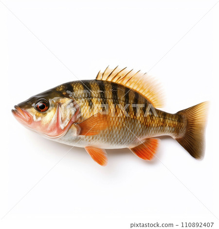 Predatory striped perch fish Perca fluviatilis isolated on white close-up 110892407