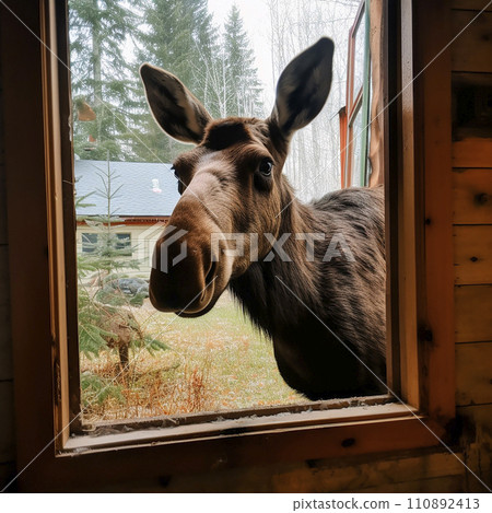 Wild elk looks into the window of house, photo of head of wild animal from window, nature enters house Wild elk looks into the window of house, photo of head of wild animal from window, nature enters house 110892413