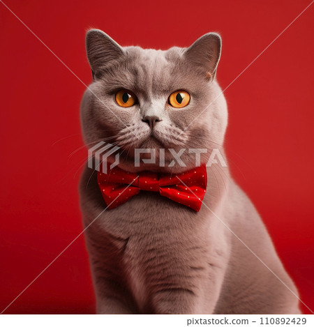 Gray British shorthair cat with a red bow on a red background, portrait, close-up, charming cute pet Gray British shorthair cat with a red bow on a red background, portrait, close-up, charming cute pet 110892429
