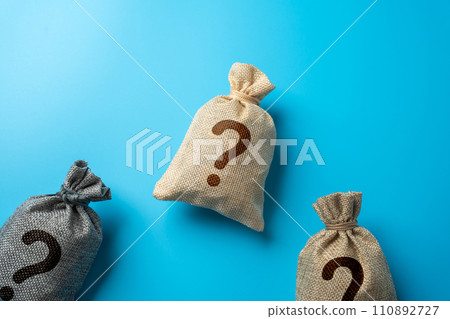 Bags with question marks. Inquiry, surprises or hidden secrets. Business and finance. Challenges and cases. Bags with question marks. Inquiry, surprises or hidden secrets. Business and finance. Challenges and cases. 110892727