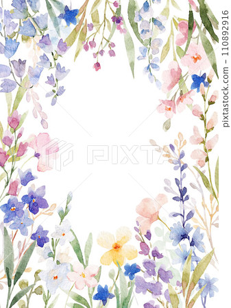 Beautiful floral frame with hand drawn watercolor summer flowers. Stock clip art. Invitation card. 110892916