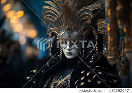 Elegant Person in Ornate Mask and Costume at Venice Carnival 110892947
