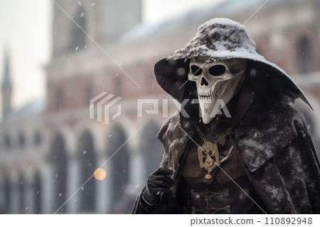 Elegant Person in Vibrant Carnival Costume and Mask at Venice Festival 110892948