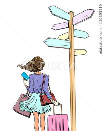 A girl stands with a suitcase and bag in front of a fork and a sign. Choosing the life path you will take. Options for new travel to other places. Pop Art Retro A girl stands with a suitcase and bag in front of a fork and a sign. Choosing the life path you will take. Options for new travel to other places. Pop Art Retro 110893119