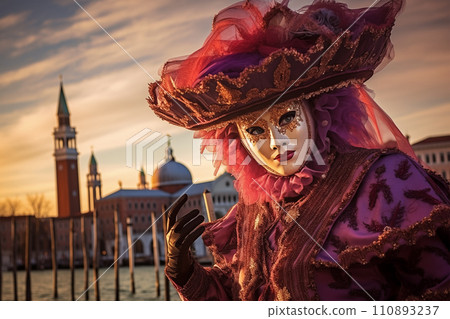 Elegant Person in Vibrant Carnival Costume and Mask at Venice Festival 110893237