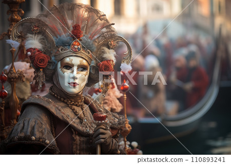 Elegant Person in Vibrant Carnival Costume and Mask at Venice Festival 110893241