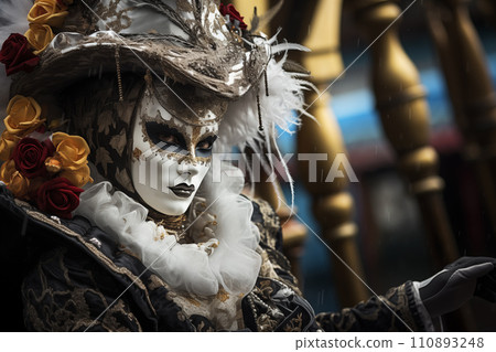 Elegant Person in Ornate Mask and Costume at Venice Carnival Elegant Person in Ornate Mask and Costume at Venice Carnival 110893248