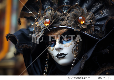 Elegant Person in Ornate Mask and Costume at Venice Carnival 110893249