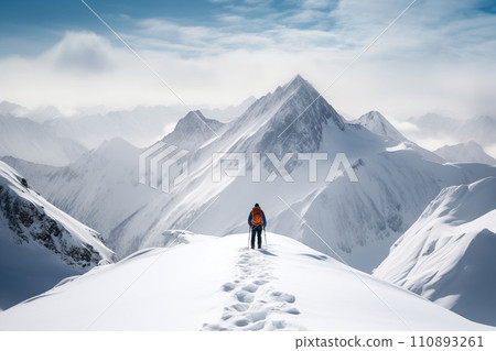 Lone Mountaineer Alpinist Approaching Snowy Peak 110893261
