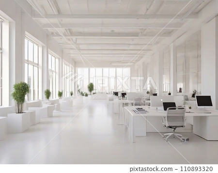 interior of modern office with large windows and white walls, nobody inside. Open space 110893320