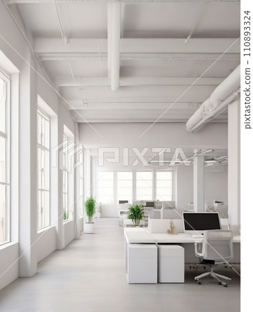 Modern office interior with white walls, concrete floor and rows of computer tables mock up 110893324