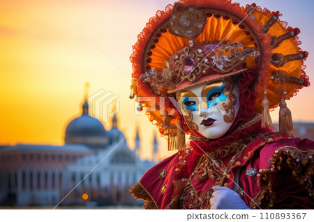 Person in Venetian Carnival Mask at Sunset 110893367