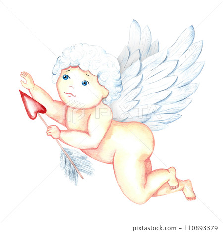A cute charming Cupid with an arrow. Baby Cupid, little angel or god Eros. A hand-drawn watercolor illustration. Conceptual design for Valentine's Day and wedding. For postcards, prints, packaging. A cute charming Cupid with an arrow. Baby Cupid, little angel or god Eros. A hand-drawn watercolor illustration. Conceptual design for Valentine's Day and wedding. For postcards, prints, packaging. 110893379