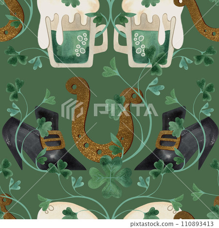 Seamless pattern with symbols of Ireland. Wrapping paper for St. Patrick's Day. Watercolor in vintage style on a green background. 110893413