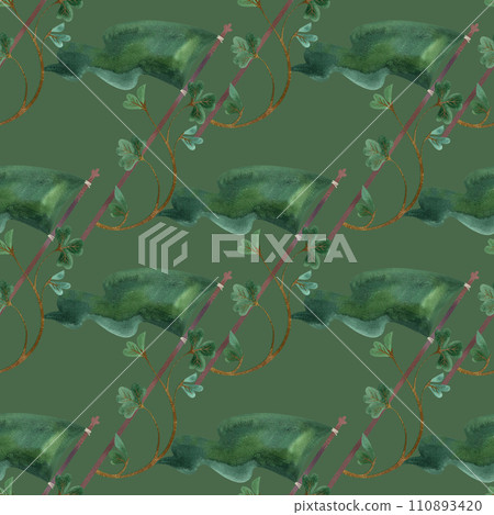 Seamless pattern with symbols of Ireland. Wrapping paper for St. Patrick's Day. Watercolor in vintage style on a green background. Seamless pattern with symbols of Ireland. Wrapping paper for St. Patrick's Day. Watercolor in vintage style on a green background. 110893420