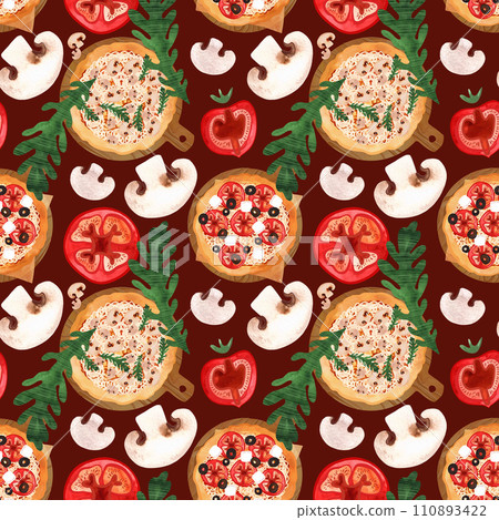 Seamless pizza pattern with mushrooms, tomatoes, olives and arugula. Watercolor illustration for menus, recipes, kitchen textiles, design of cafes, restaurants and pizzerias, as well as pizza boxes 110893422