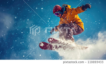 Skier in yellow orange jacket jumping at mountain slope on sky background, man in mask skiing downhill spraying snow powder in winter. Concept of sport, splash, extreme, speed, spray 110893433