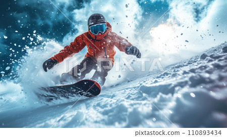 Snowboarder slides on ski slope spraying snow powder, man in red jacket rides snowboard in winter. Concept of sport, powder, extreme, speed, splash, resort 110893434