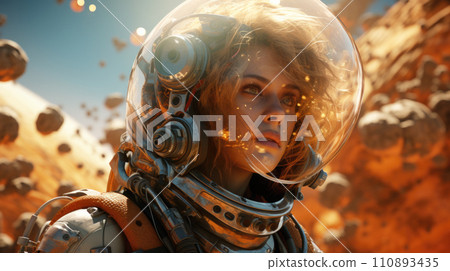 Female astronaut in spacesuit on flying stones background, young woman in helmet on strange red planet. Concept of science, space travel, girl, people, adventure, future, sci-fi 110893435