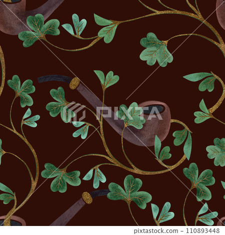 Seamless pattern with symbols of Ireland. Wrapping paper for St. Patrick's Day. Watercolor in vintage style on a white background. Seamless pattern with symbols of Ireland. Wrapping paper for St. Patrick's Day. Watercolor in vintage style on a white background. 110893448