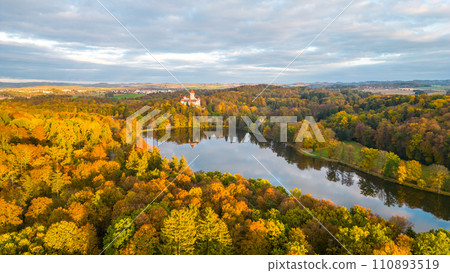 Konopiste medieval castle and Konopistsky water reservoir. Benesov, Czech Republic. Aerial view from drone. Konopiste medieval castle and Konopistsky water reservoir. Benesov, Czech Republic. Aerial view from drone. 110893519
