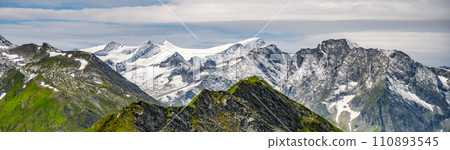 Majestic alpine panorama with glacier mountain of Grossvenediger. The main peak of the Venediger Group in Hohe Tauern mountain range. Austrian Alps, Austria. 110893545