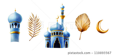 Watercolor set of Islamic mosque and minaret, golden pampas grass, date palm branch, gold moon and star illustrations isolated on white background. Botanical, wedding and Ramadan Kareem or Eid Al Adha Watercolor set of Islamic mosque and minaret, golden pampas grass, date palm branch, gold moon and star illustrations isolated on white background. Botanical, wedding and Ramadan Kareem or Eid Al Adha 110893567