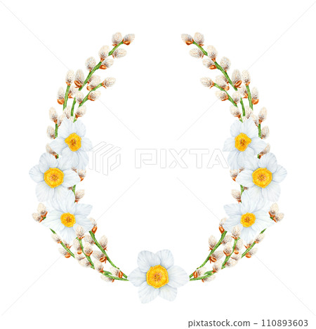 Hand drawn watercolor frame of pussy willow, narcissus. Clip art, symbol of religious holidays, Easter, Lunar New Year. Green branches with soft salix buds, flowers. Spring painting for prints Hand drawn watercolor frame of pussy willow, narcissus. Clip art, symbol of religious holidays, Easter, Lunar New Year. Green branches with soft salix buds, flowers. Spring painting for prints 110893603