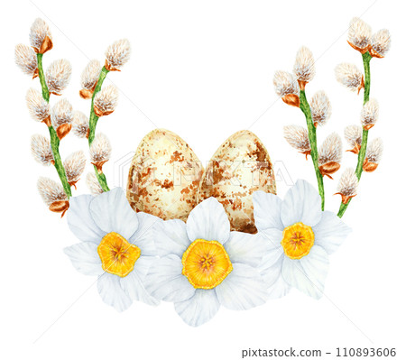 Hand drawn watercolor illustration of pussy willow, narcissus, eggs. Clip art, symbol of religious holidays, Easter, Lunar New Year. Green branches with soft salix buds, flowers. Spring painting Hand drawn watercolor illustration of pussy willow, narcissus, eggs. Clip art, symbol of religious holidays, Easter, Lunar New Year. Green branches with soft salix buds, flowers. Spring painting 110893606