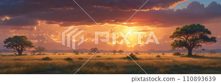 Scenic sunset sky over plain with trees 110893639