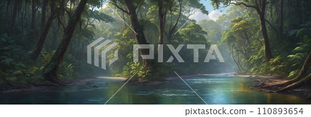 Serene river in lush jungle 110893654