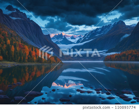 Tranquil fall landscape with lake and mountains 110893774