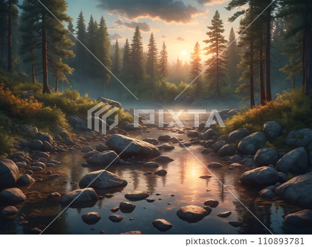Sunset river with scattered stones 110893781