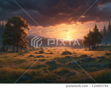 Sunset over meadow landscape Sunset over meadow landscape 110893784