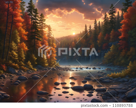 Serene river landscape with autumn trees 110893788