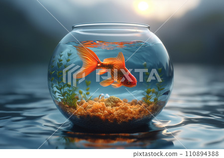 AI-generated content. Goldfish closed in a glass vial with the sea around it. Generative AI 110894388