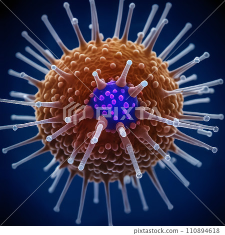 AI-generated content. A close up digital illustration of a virus. 110894618