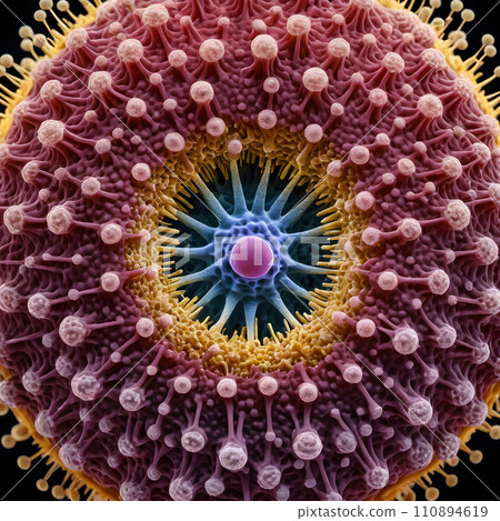 AI-generated content. A close up digital illustration of a virus. 110894619