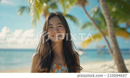 A young woman looking happy on a resort beach (AI generated) 110894687