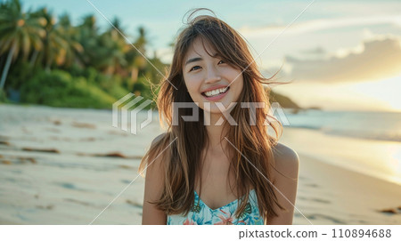 一位年輕女子在度假村海灘上看起來很開心（AI 生成） 110894688