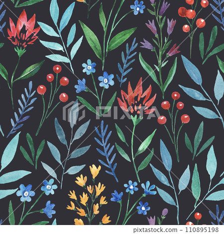 Seamless pattern with wild cute flowers. Watercolor illustration Seamless pattern with wild cute flowers. Watercolor illustration 110895198
