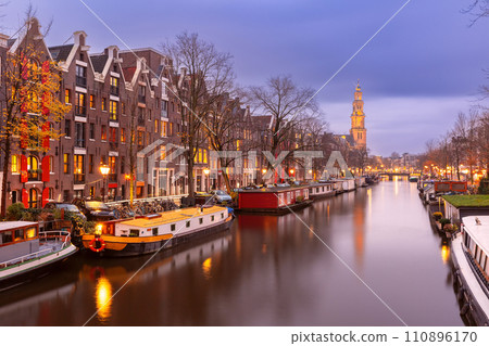 Night Amsterdam canal and Westerkerk church 110896170