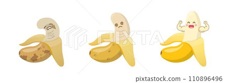 Banana mascot, three stages of ripeness fresh to rotten, healthy and unhealthy, male reproductive or prostate problems Banana mascot, three stages of ripeness fresh to rotten, healthy and unhealthy, male reproductive or prostate problems 110896496