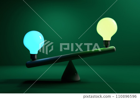 Two lightbulbs on a seesaw - 3D Two lightbulbs on a seesaw - 3D 110896596