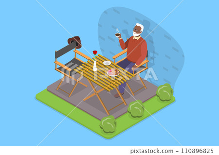 3D Isometric Flat Vector Illustration of Cute Elderly Man Relaxing In Coffee House 110896825
