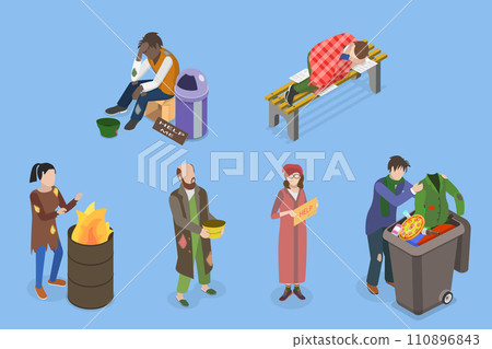 3D Isometric Flat Vector Set of Homeless People 110896843