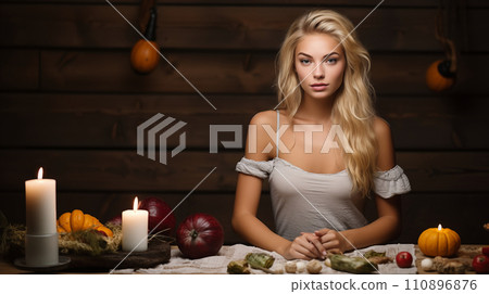 limmering Bounty: A Beautiful Blonde Model Stages a Thanksgiving Feast with Radiant Candlelight. AI-generated 110896876