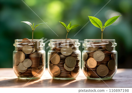 Many coins in a glass bottle. Image 9 of steadily accumulating coins. AI-generated image. Many coins in a glass bottle. Image 9 of steadily accumulating coins. AI-generated image. 110897198