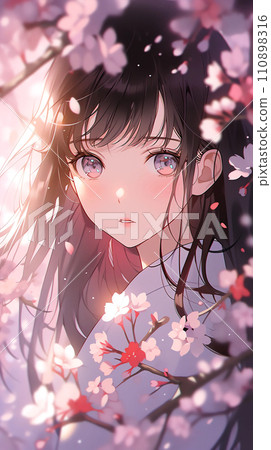 手绘动漫唯美的春天樱花树下的漂亮女孩插画 110898316